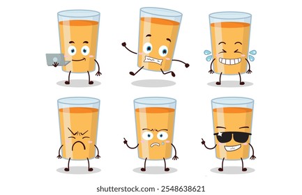 funny orange juice character with many pose activity design illustration