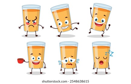 funny orange juice character with various pose activity design illustration