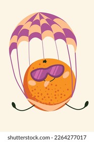 A funny orange jumps with a parachute. Fruits lead an active lifestyle. 
