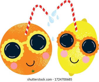 Funny orange and lemon juice  with straws

