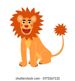 A funny orange lion with large eyebrows sits with an open mouth. The lion has a spiky mane and the tip of its tail. Color picture, clipart, vector image.