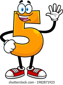 Funny Orange Number Five 5 Cartoon Character Showing Hand Number Five. Vector Hand Drawn Illustration Isolated On Transparent Background