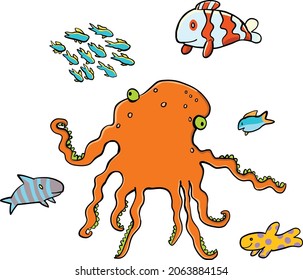 Funny orange octopus and colorful fish around