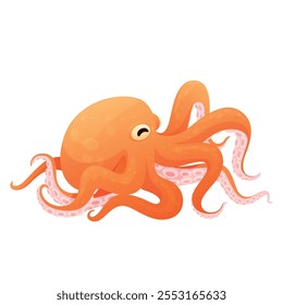 Funny orange octopus underwater cartoon character with tentacles vector flat illustration. Cute sea habitat seafood delicacy natural protein mollusca natural unusual ocean life animal