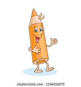 Funny orange pencil in cartoon style. Isolated on white background. Vector illustration.