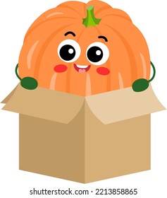 Funny orange pumpkin mascot in cardboard box
