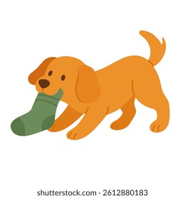 Funny orange puppy running with green sock in mouth. Flat cartoon style vector illustration.
