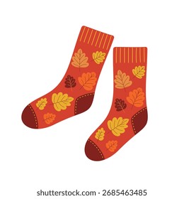 Calcetines naranjas divertidos con un patrón de hojas de colores. Un cálido accesorio de otoño. Ilustración vectorial plana sobre un fondo blanco.