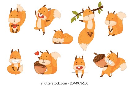 Funny Orange Squirrel Character with Bushy Tail Cuddling and Embracing Acorn Vector Set