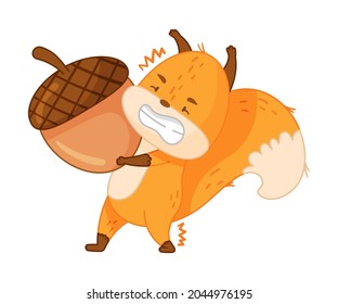 Funny Orange Squirrel Character with Bushy Tail Lifting Heavy Acorn with Great Effort Vector Illustration