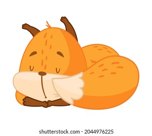 Funny Orange Squirrel Character with Bushy Tail Cuddling and Sleeping Vector Illustration