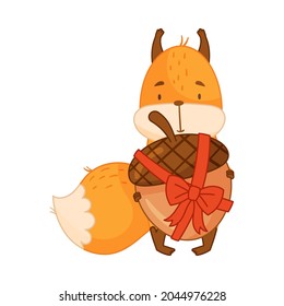 Funny Orange Squirrel Character with Bushy Tail Holding Acorn Tied with Ribbon and Bow Vector Illustration