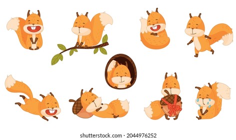 Funny Orange Squirrel Character with Bushy Tail Sitting on Tree Branch and Sleeping on Acorn Vector Set