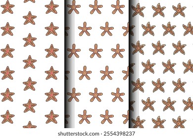 funny orange starfish pattern on white background set. starfish vector seamless pattern background. sea star icon isolated seamless pattern collection. seamless pattern of starfish background