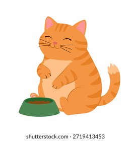 Funny orange tabby cat sitting near green food bowl. Cute fat ginger kitten looking happy and satisfied. Vector cartoon character for pet food packaging, veterinary clinic, or sticker.