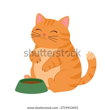 Funny orange tabby cat sitting near green food bowl. Cute fat ginger kitten looking happy and satisfied. Vector cartoon character for pet food packaging, veterinary clinic, or sticker.