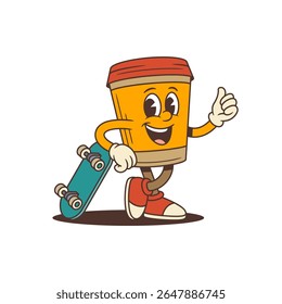Funny orange takeaway coffee cup character with red lid leaning on green skateboard and making thumbs up gesture. Suitable for cafe branding, packaging and youth marketing. Vector illustration