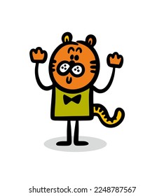 Funny orange tiger with fluffy paws. Vector illustration of a wild animal from the jungle in childish hand drawn style.