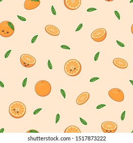 Funny orange vector pattern. Kawaii orange on a warm background.