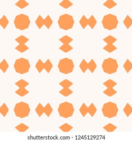 Funny orange vector seamless pattern. Abstract geometric texture with simple figures, octagons, rhombuses in square grid. Minimalist colorful background. Repeat design for decor, wrapping, textile