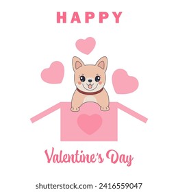 Funny orange welsh corgi in box and hearts vector illustration. Cool dog welsh corgi. Cartoon dog