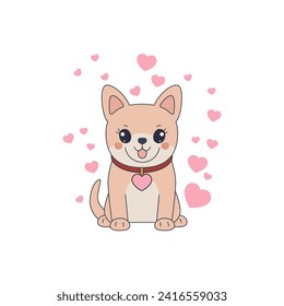 Funny orange welsh corgi and hearts vector illustration. Cool dog welsh corgi. Cartoon dog
