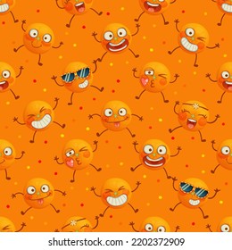 Funny oranges seamless vector pattern, cute orange characters cartoon illustration, happy smiling fruits enjoy the summer party design