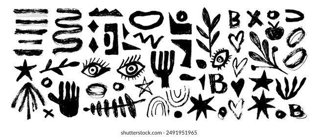 Colleсtion with funny organic shapes, random childish doodle elements.Vector geometric figures and objects. Eyes, stars, hand,  heart, leaves, letter, spiral, squiggles and shapes. 