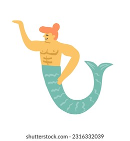 A funny Oriental Asian merman with orange hair shows something with his hand up or holds on the hand, a cute underwater waiter, a strong man, an athlete in a competition. Vector illustration.