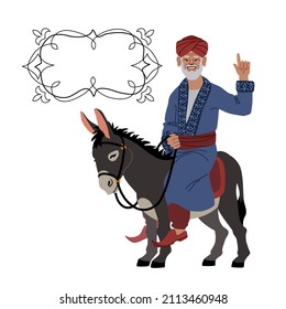 Funny oriental old man with a speech balloon riding on a gray donkey. The concept of eastern wisdom. Color vector illustration isolated on a white background in a cartoon and flat design.