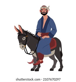 Funny oriental peasant riding a gray donkey. A national hero. Color vector illustration isolated on a white background in a cartoon and flat design.