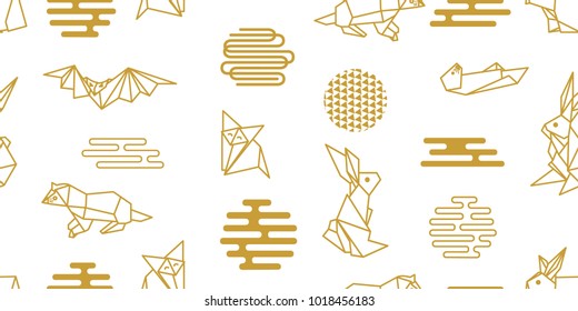 Funny origami animals. Seamless vector pattern with hares, foxes, otters, bats and abstract geometric elements. White and golden print with Japanese and Chinese paper art motifs.