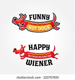 Funny original colorful logo template for hotdog business, happy red dog vector illustration