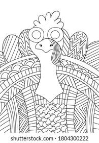 Funny ornamental turkey bird stock vector illustration. Happy thanksgiving day coloring page for kids with turkey bird. Detailed fantasy turkey black outline isolated on white. 