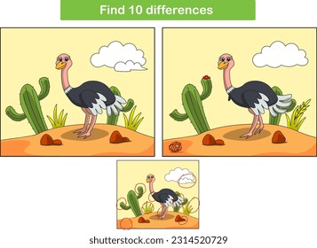 Funny ostrich cartoon. Find 10 differences. Kids Education games. Cartoon vector illustration	