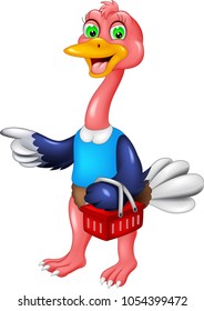 funny ostrich cartoon walking with smile and bring bucket