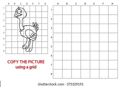 funny ostrich game. Vector illustration of grid copy puzzle with happy cartoon ostrich for children