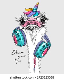 Funny Ostrich in a headphones with a rainbow unicorn horn. Humor card, t-shirt composition, hand drawn style print. Vector illustration.