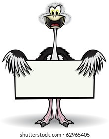 Funny Ostrich holding blank sign. Separated into layers for easy editing./Cute Ostrich Holding Sign