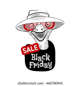 Funny ostrich with label black Friday trend season. Lettering creative phrase, black Friday. Doodle sketch hand drawn on dark background black Friday sale, discount, advertising, marketing price tag