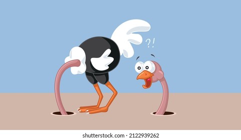 
Funny Ostrich Looking at his Own Back Vector Cartoon. Foolish bird having a dead-end circular strategy sticking the head in the sand
