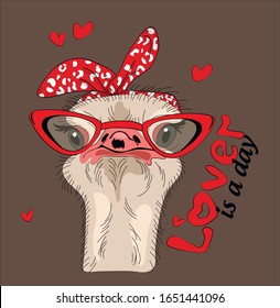 
Funny ostrich in the style of pin up 
in red glasses and rim. Lover is a day - lettering.  Vector illustration for t-shirts design, sweatshirt, fabric. 