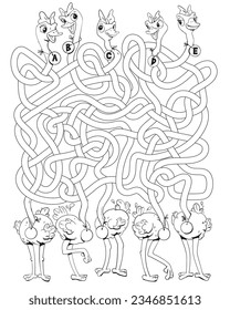 Funny ostriches with long, tangled necks. Children logic game to pass maze. Educational game for kids. Attention task. Choose right path. Funny cartoon character. Coloring book. Vector illustration