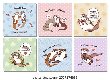 Funny otter birthday cards. Cute kids party greeting banners, happy wild animals, water mammals swimming, fishing, childish print design with lettering, cartoon isolated tidy vector set