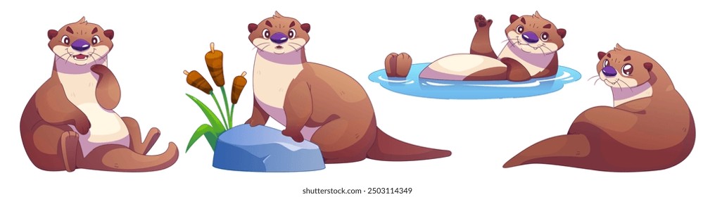 Funny otter cartoon character set. Vector cute water animal mascot in different poses - smiling sitting, standing on stone with reeds, swimming in river and waving paw, lying back and peeking.