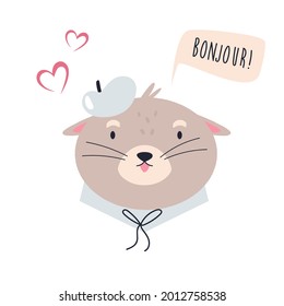 Funny otter in cloth and berret saying bonjour. Childish vector illustration