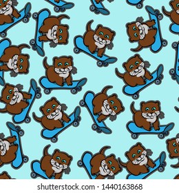 funny otter playing blue skateboard, pet skateboarding cute seamless pattern animals modern cartoon with blue background