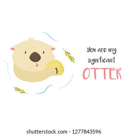 Funny otter with shell in paws floating in a river. Greeting romantic card. Animal character vector illustration