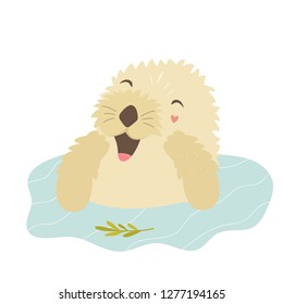 Funny otter taking shower sitting in a river. Animal character vector illustration