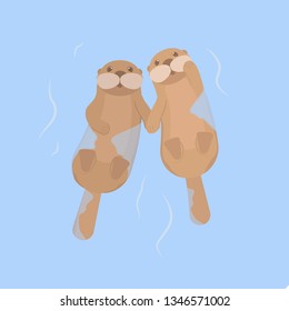 Funny otters swim in the water and hold each other's paws. Couple lovers cute otters. Vector illustration.